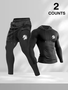 Men's 2 Piece Workout Set: Compression Hoodie + 2-in-1 Layered Shorts & Leggings Gym Outfit | Tracksuit for Bodybuilding, Running, Basketball | Slim Fit Activewear with Horse Logo