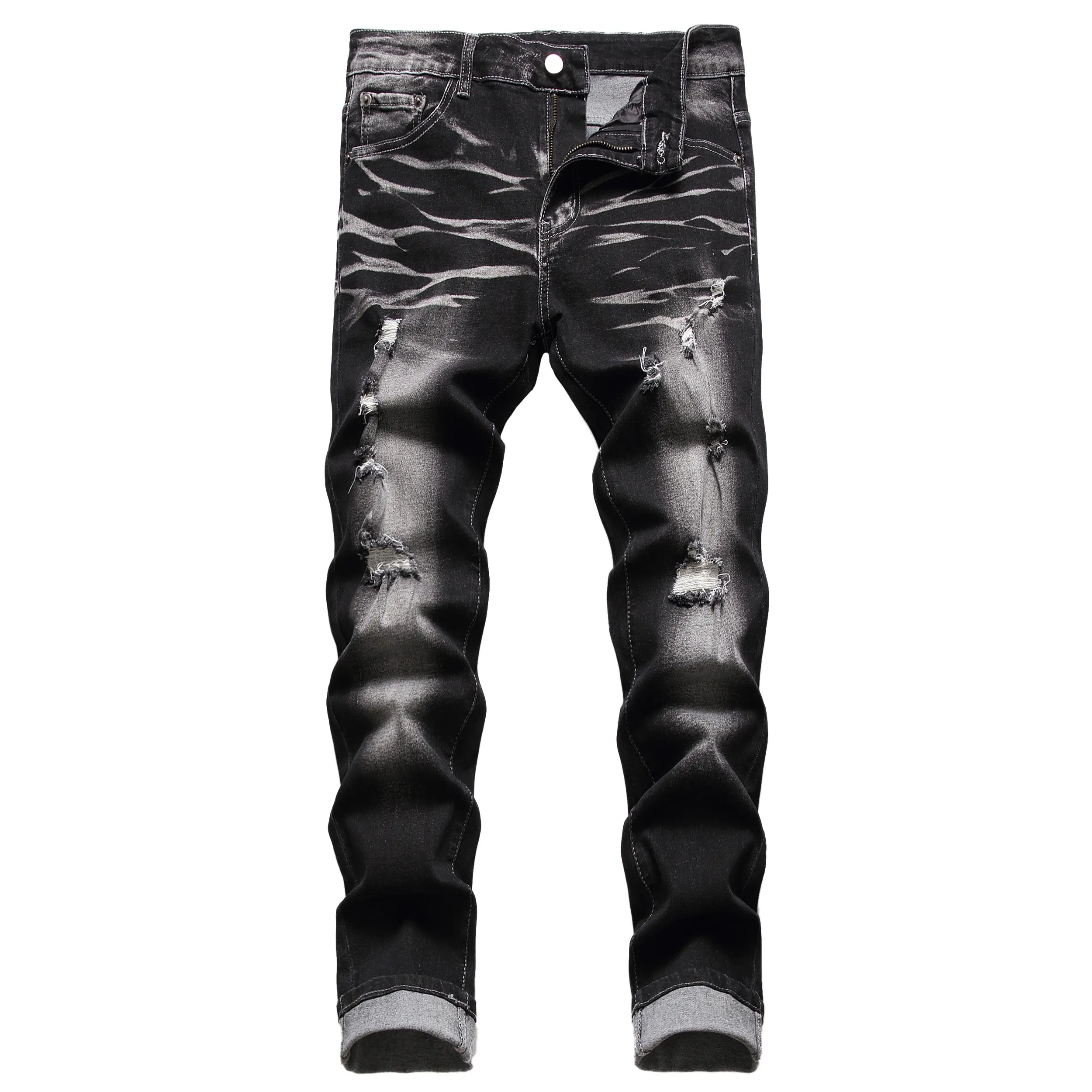 JUNBAOSS Men's Cotton Plain Black Distressed Skinny Jeans - Skateboard Slim Fit, Stretch Fabric, Button Closure, Straight Leg, Stylish Streetwear Pockets, Flex Waist Trouser for Casual Fall Menswear 2026 fashion