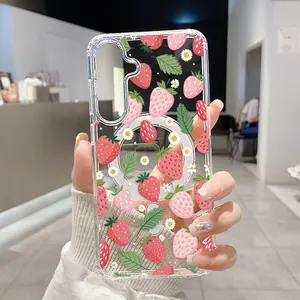 Magnetic Phone Case for Samsung Galaxy S24 Plus S25 Ultra S23 FE Ultra S22+ Strawberry Reverie Pattern TPU Clear Shockproof Anti-Scratch Stylish Smartphone Cover