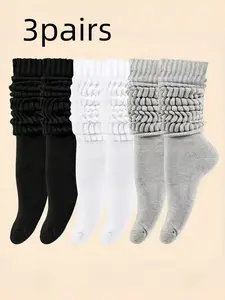 Women's Plain Knit Socks Set, Breathable & Warm Fitted Crew Socks, Soft Comfortable Casual Sport Cotton Socks for Fall Winter
