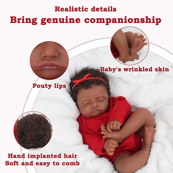 [WOOROY] Realistic Reborn Baby Doll 18 In African American Sleeping Newborn Handcrafted Lifelike Black Skin Cloth Body Doll Birthday & Christmas Gift for Ages 3+