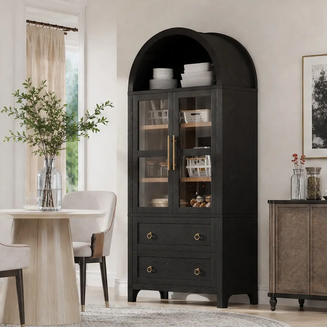 ARCH 71" Tall Arched Kitchen Pantry Cabinet - Arch-Shaped, Full-Size, Spacious Tall Cupboards with 2 Drawers, Adjustable Shelves, Glass Door, MDF Wood for Kitchen, Dining Room, Black/White Options, Arch-Shaped Tall Cupboards