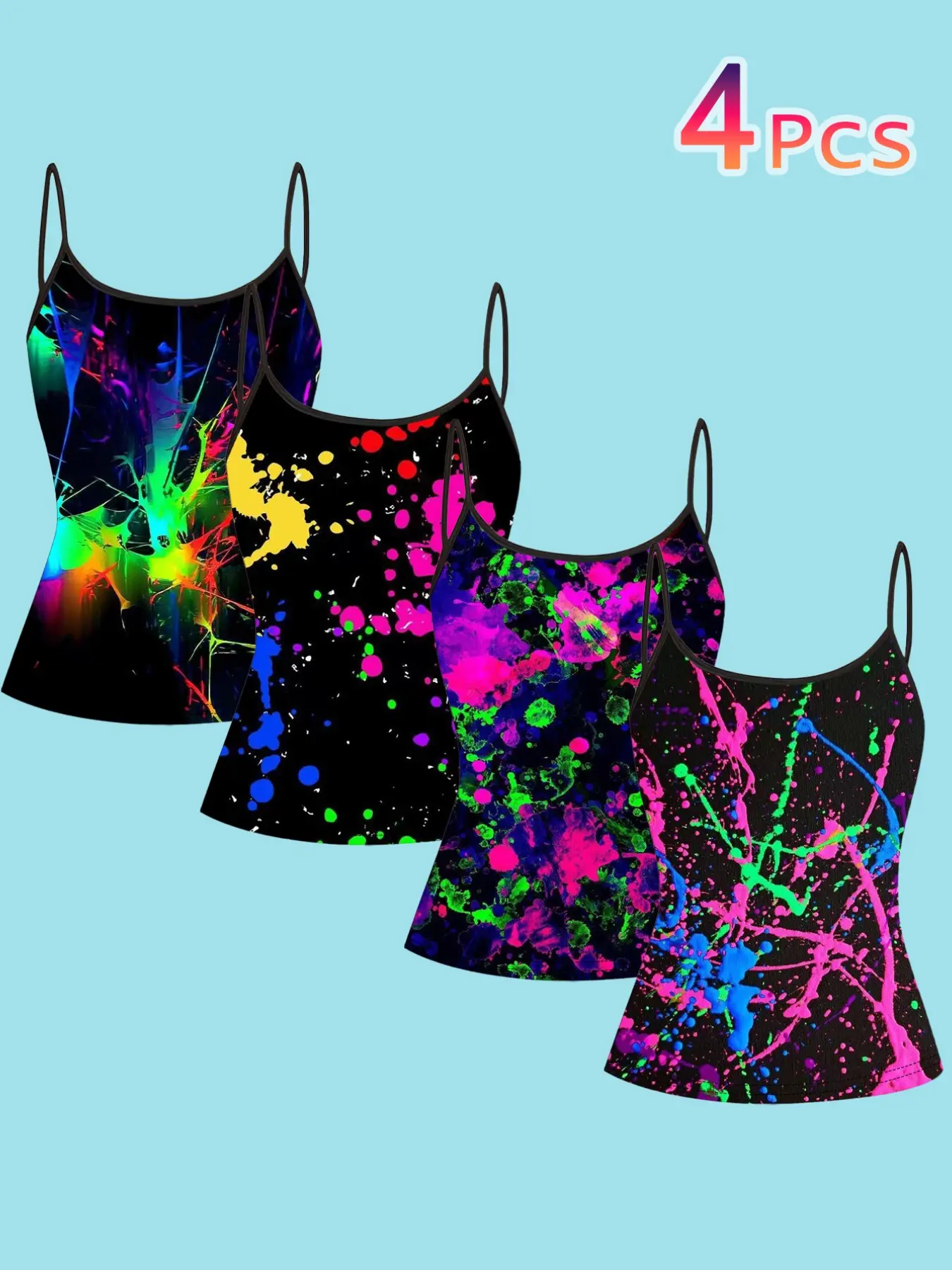 Neon Fluorescent Splatter Thin Strap Tank Top, Streetwear Hip-Hop Colorblock Graffiti Camisole, Women's Summer Nightclub Sleeveless T-Shirt