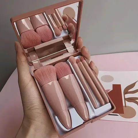Portable Cosmetics Brushes Set with Mirror Case, Makeup Brush Kit, 5pcs/set Mini Makeup Brushes for Foundation, Powder, Concealers, Blush, Face Makeup Brush, Cosmetic Product for Home Travel Use, Beauty Travel Brush, Brush Combo