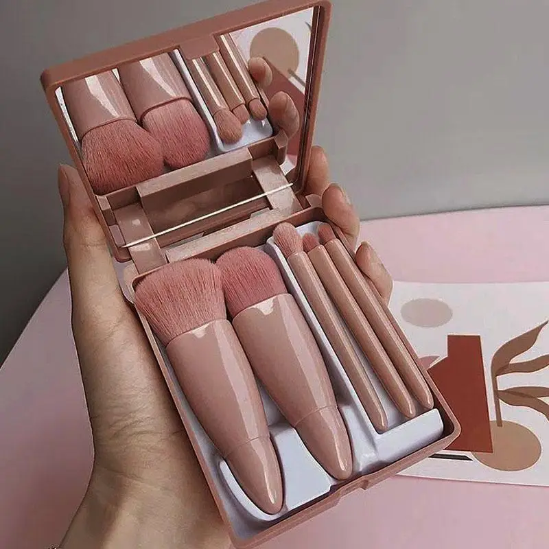 Portable Makeup Brush Set with Mirror Case, 5pcs/set Mini Makeup Brushes for Foundation, Powder, Concealers, Blush, Cosmetic Product for Home Travel U