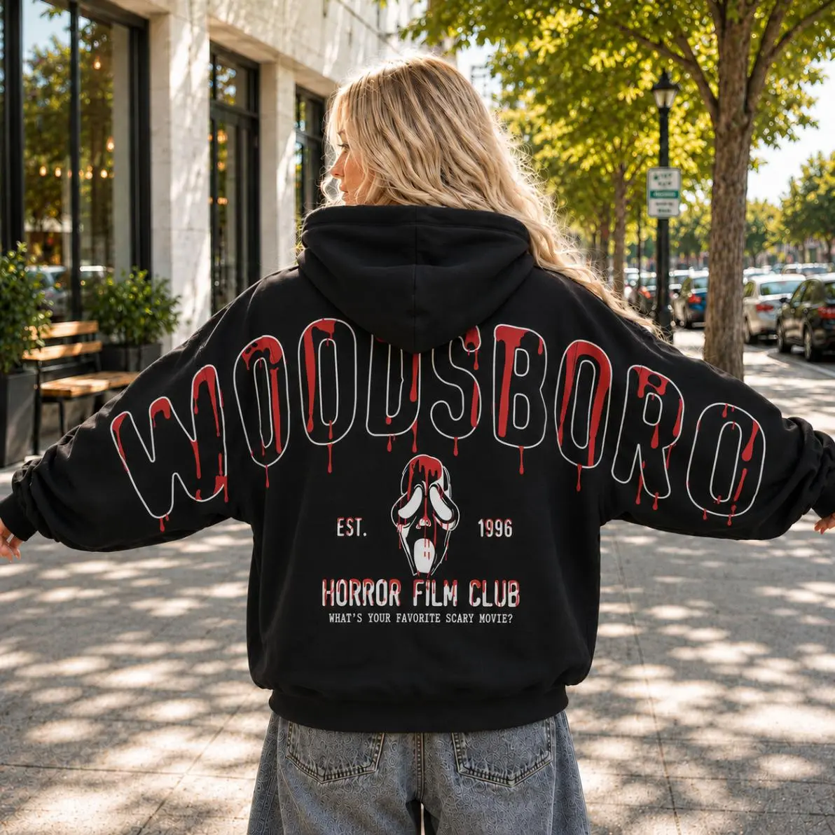 Woodsboro Horror Film Club Shoulder-to-Shoulder Back Lettering Sweatshirt Hoodie, Ghost Face Bloody Drip Back Print, Oversized Unisex Halloween Pullover Sweatshirt
