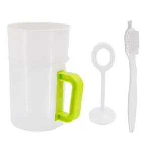 Stainless Steel Mesh Food Strainer - 1.5 Qt Kitchen Sieve with Pitcher Handle, Press Stick, Brush for Yogurt Making, Soy Milk Filter (Nut Milk Bag Replacement)