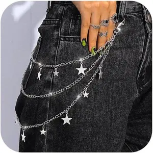 Star Pants Chain Belt Silver Y2k Jeans Chains Layered Wallet Accessories for Women and Men