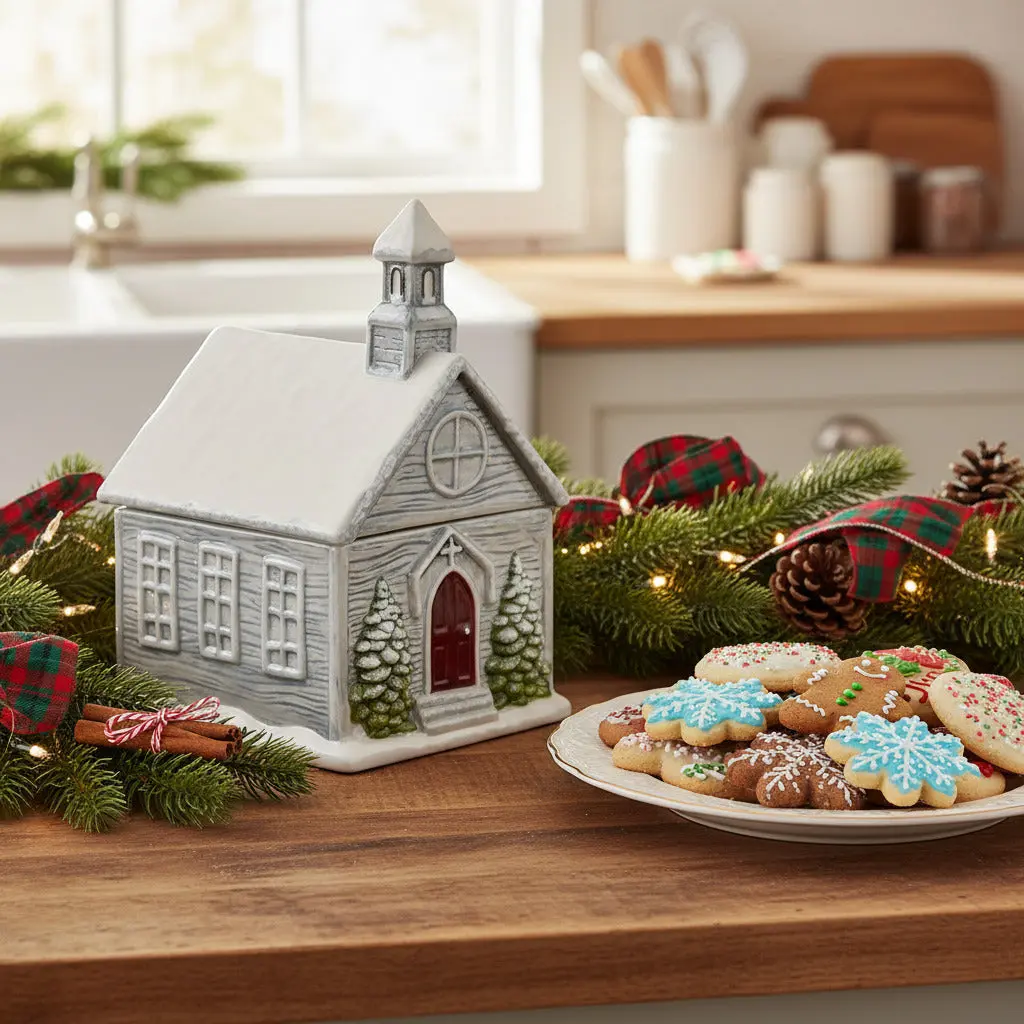 Ceramic Evergreen Church Cookie Jar, Sturdy Home Organiser, Christmas Cookies Gift Jar, 11.5"H