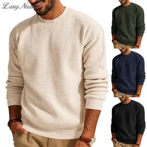 Mens Waffle Sweater Solid Color Round Neck Pullover Knit Casual Comfort Top