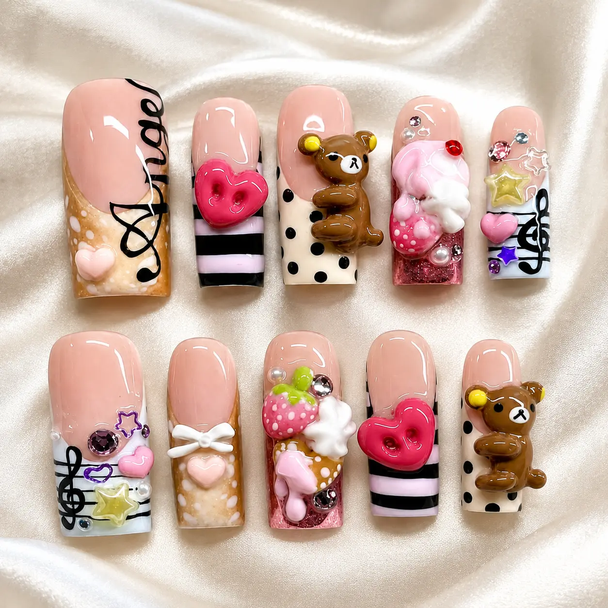 Playful Bear Press On Nails M26, Pink Heart Strawberry Charm, 3D Bow Star & Music Details, Sweet Kawaii Nail Art