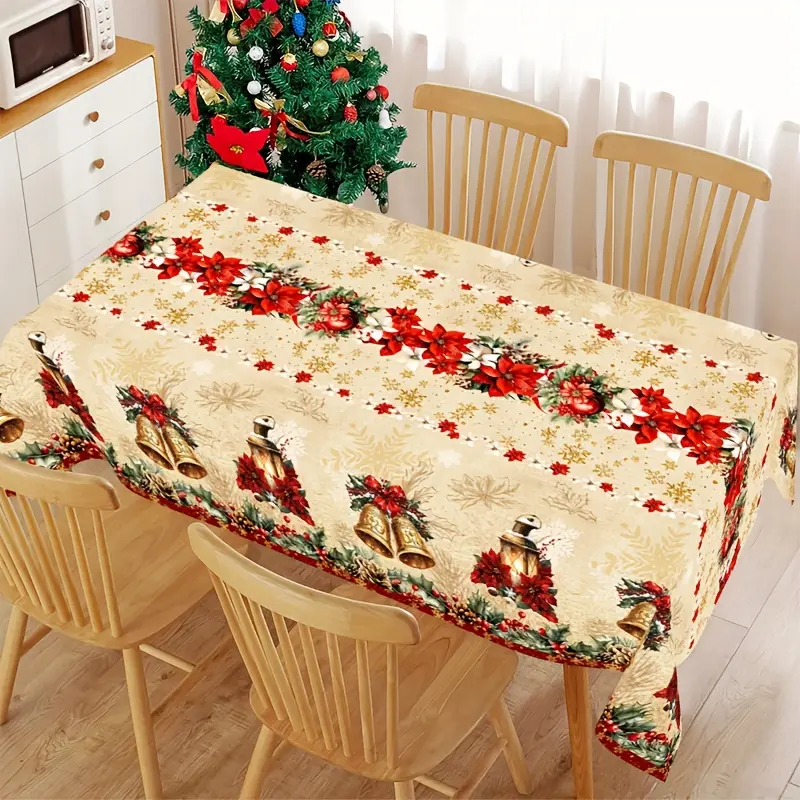 1pc Vintage Christmas Plastic Tablecloth,  Rustic Christmas Poinsettia Bells Disposable Table Cover for Rectangle Tables, Xmas Party Decorations, Home Kitchen Dining Table Decor, Table Settings And Gift Ideas, Christmas Decorations