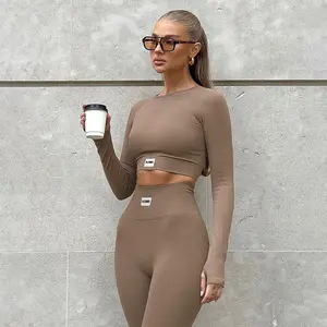 Basic Solid Color Patchwork Sports Yoga Comfortable Fitness Outfit Set in Milk Silk 95% Polyester 5% Spandex