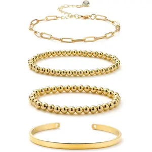 Rose Gold Beaded Bracelets for Women Gold Beaded Ball Stackable Stretch Bracelet Gold Cuff Bangle Set