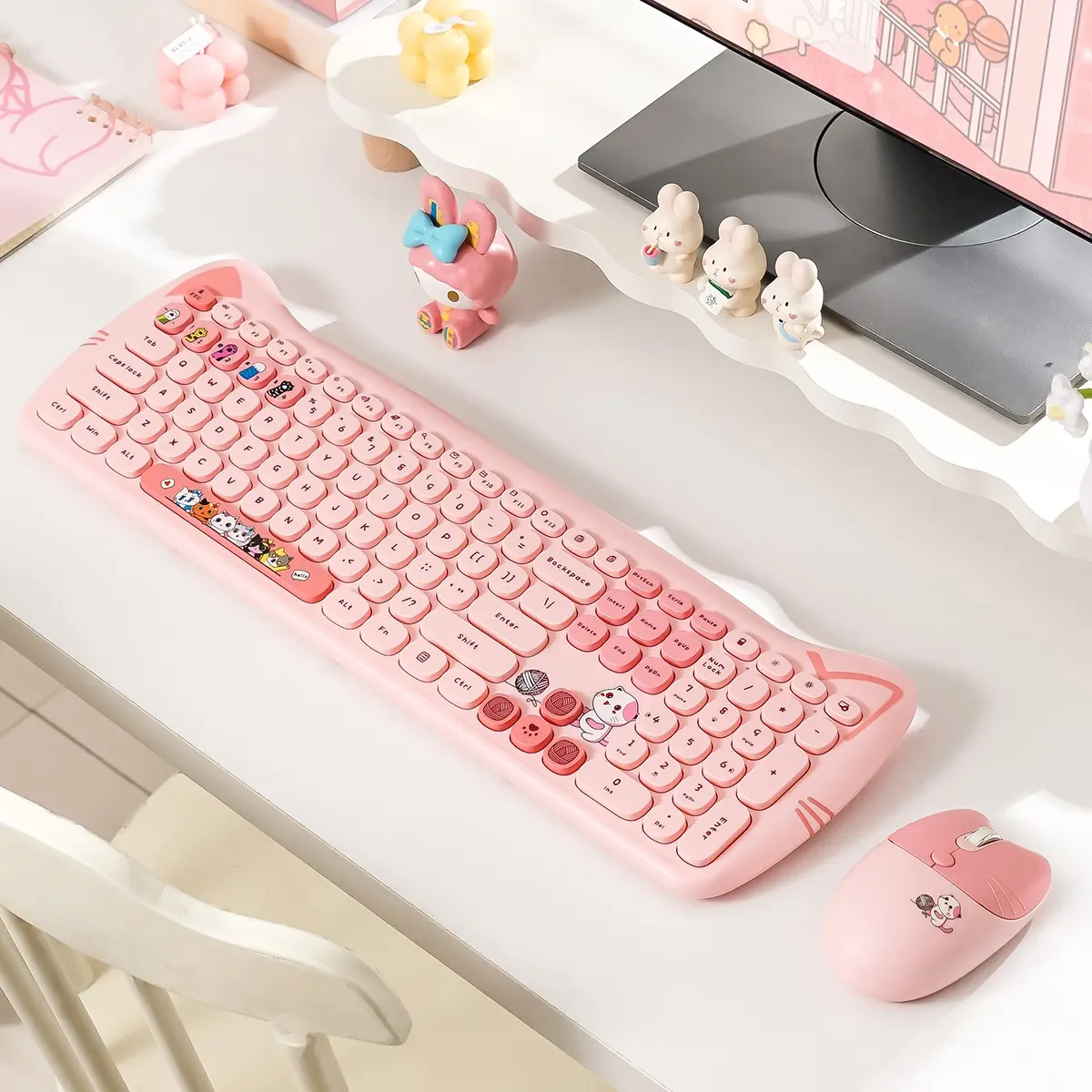 Mofii 1 Set Cute Pink Cartoon Cat Wireless Ergonomic Design Keyboard & Mouse Combo - Full-Size with Numeric Keypad, Compatible with Desktop/Laptop (US QWERTY, Batteries Not Included)