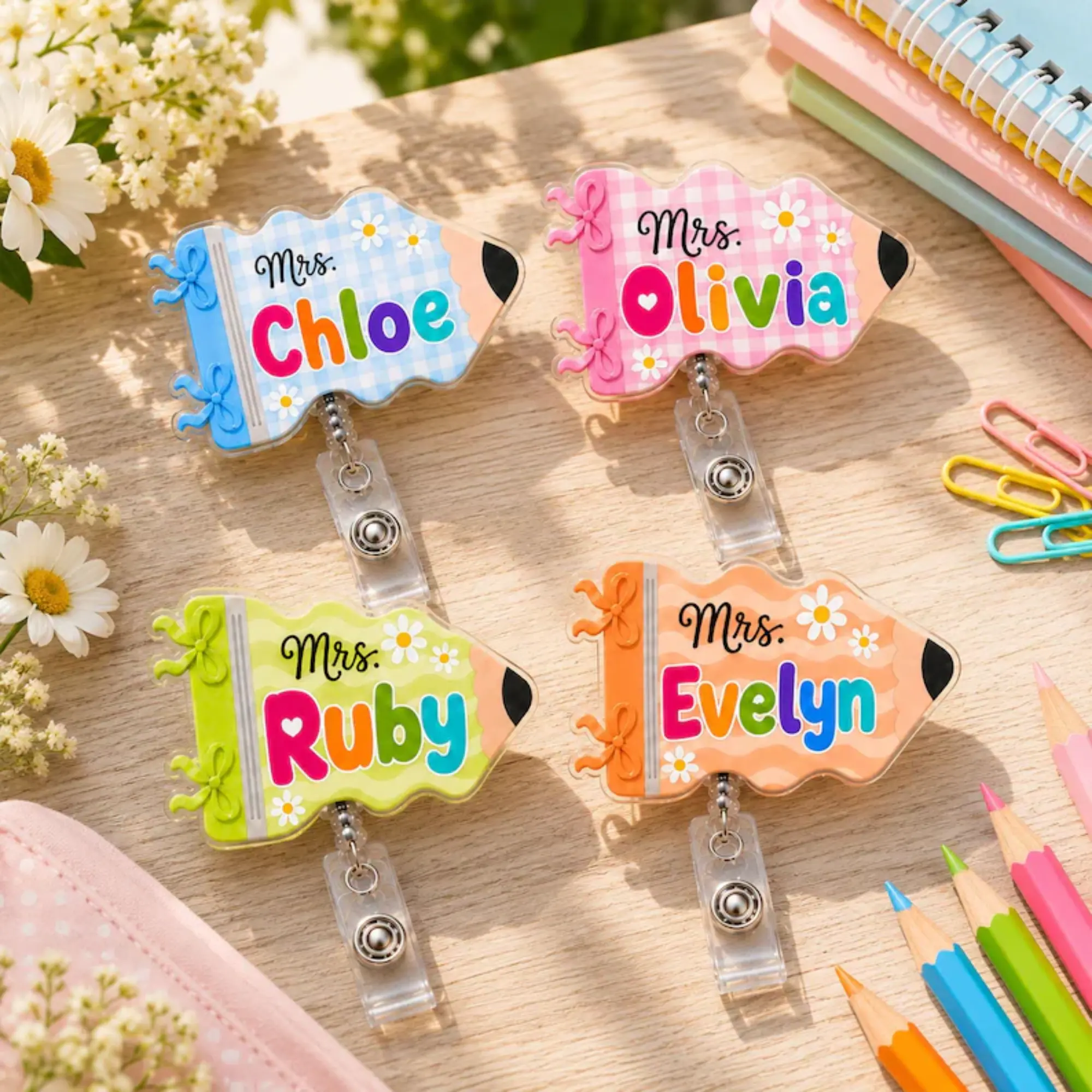 Custom Teacher Badge Reel, Personalized Pencil Name Badge Holder, Back to School Teacher Gift