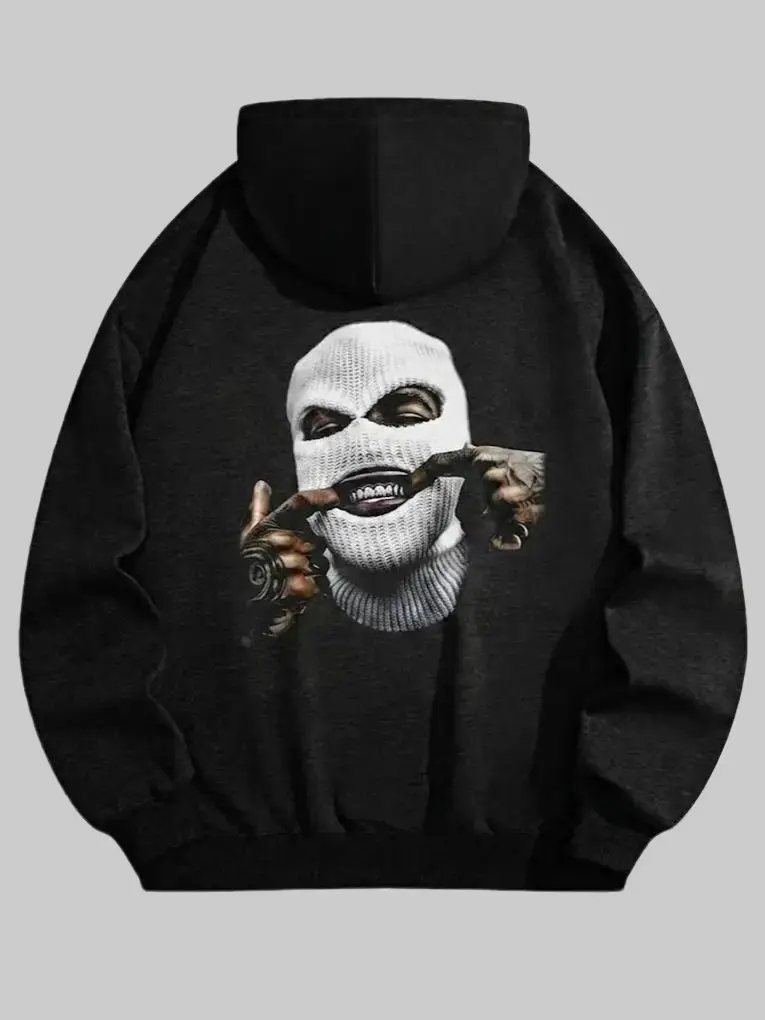 Balaclava Mask Figure Graphic Hoodie, Back Large Portrait Print Oversized Pullover Hoodie Dark Hip Hop Streetwear Unisex Sweatshirt Black Fleece