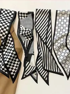 4pcs Set Black & White Silk Scarf, Floral Print Scarf And Floral Pattern Headband, Versatile For Daily Life, Vacation, School And Other Occasions, Autumn/Winter Headwear, Women Headscarf, Soft Headband, Women Scarf Fashion Hair Accessories Women Hair Band