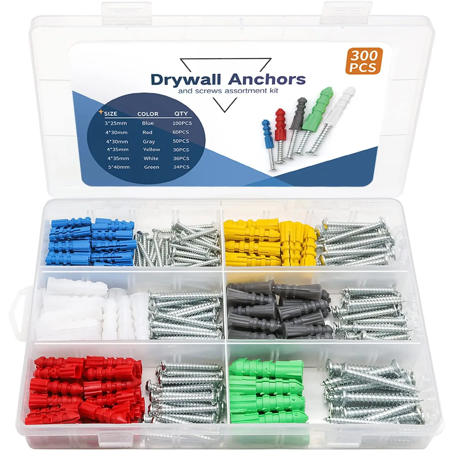 Plastic Drywall Anchors and Screws Kit - 300-Count, 6 Different Sizes, 150 Easy-to-Install Anchors, 150 Long-Lasting Screws for Home Use