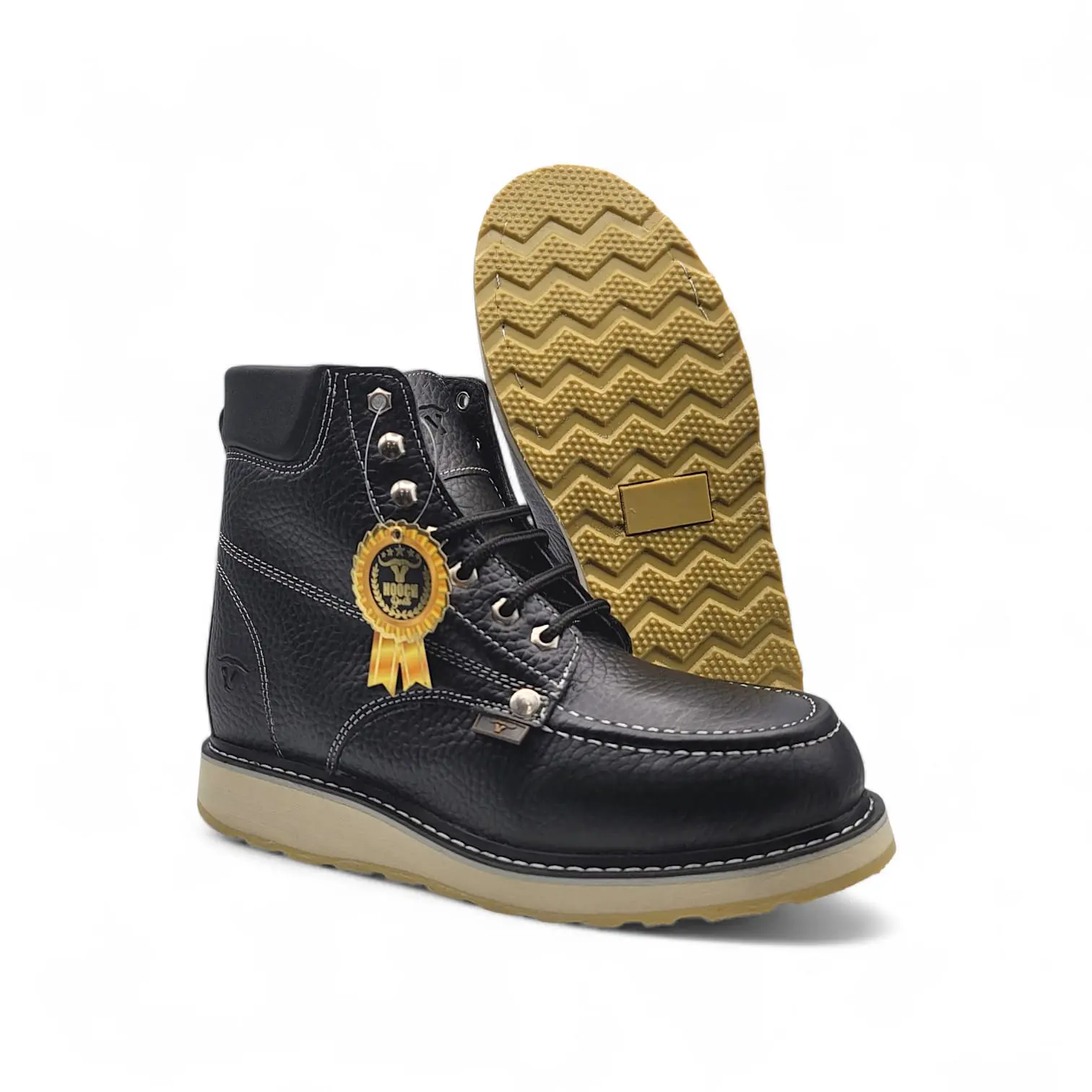 Men 6” Moc Toe Work Boot Black – Genuine Leather Durable Work Shoe H80105