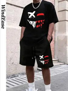 Men's Gothic Horror Face Print Two-Piece Set, Breathable Loose Short Sleeve + Elastic Waist Shorts, Comfortable Casual for All Occasions