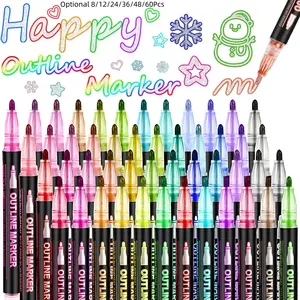 8/12/24/36/48 Colors Double Line Outline Markers,Super Shimmer Outline Marker Pen Set, Self Outline Metallic Markers Glitter Writing Drawing Pens for Birthday Greeting Card, Doodling, DIY Art Crafts, Creative Markers Happy