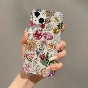 Diamond Pomegranate Sun Lip Fruit Apple Precision Holes iPhone Case, Soft Tpu Transparent Phone Protector Cover for 16/15 Pro Max/14 Plus/13 Pro Max/12/11/7g/7p/ix/XR/XS Max