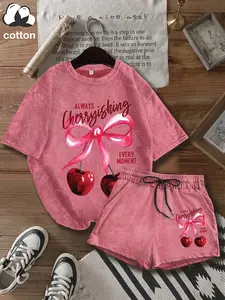 Women's Cherry Letter Print Cotton Fitted Two-Piece Set, Casual Short Sleeve T-Shirt and Shorts, All-Season Ladies