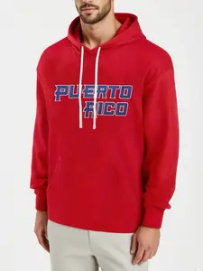 Men's Red Puerto Rico Embroidered Fleece-Lined Hoodie Thick Warm Retro Sporty Pullover for Men & Women, Loose Fit Unisex Couples Christmas Valentine's Gift, Machine Washable, Custom Hoodie, Autumn Winter Wear, Durable Casual Wear