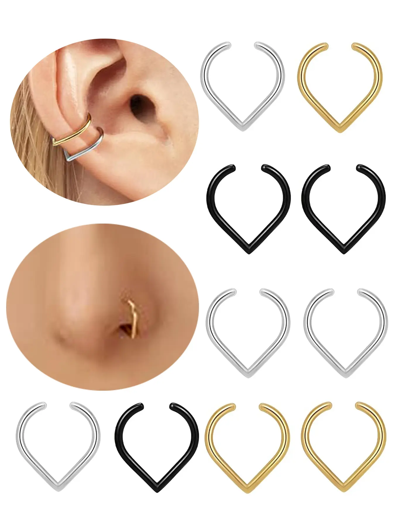Stainless Steel Fake Nose Ring Non-Piercing Soft Cartilage Earring, Low Allergy Unisex Daily Wear Jewelry for Men & Women