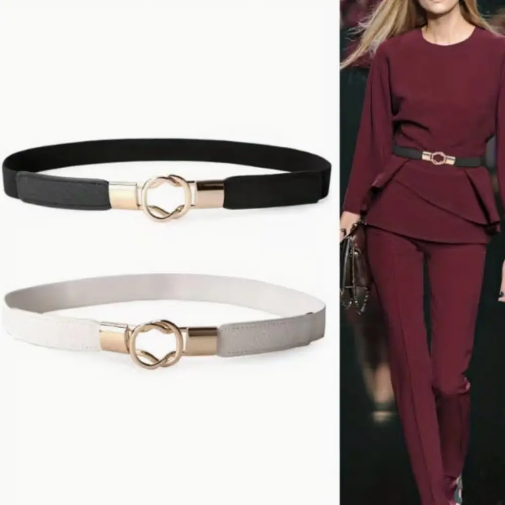 2-Pack Women's Vintage Skinny Belts, Faux Leather Elastic Adjustable Casual Waistband for Dresses and Jeans with Gold Buckle, Adjustable Elastic Belt