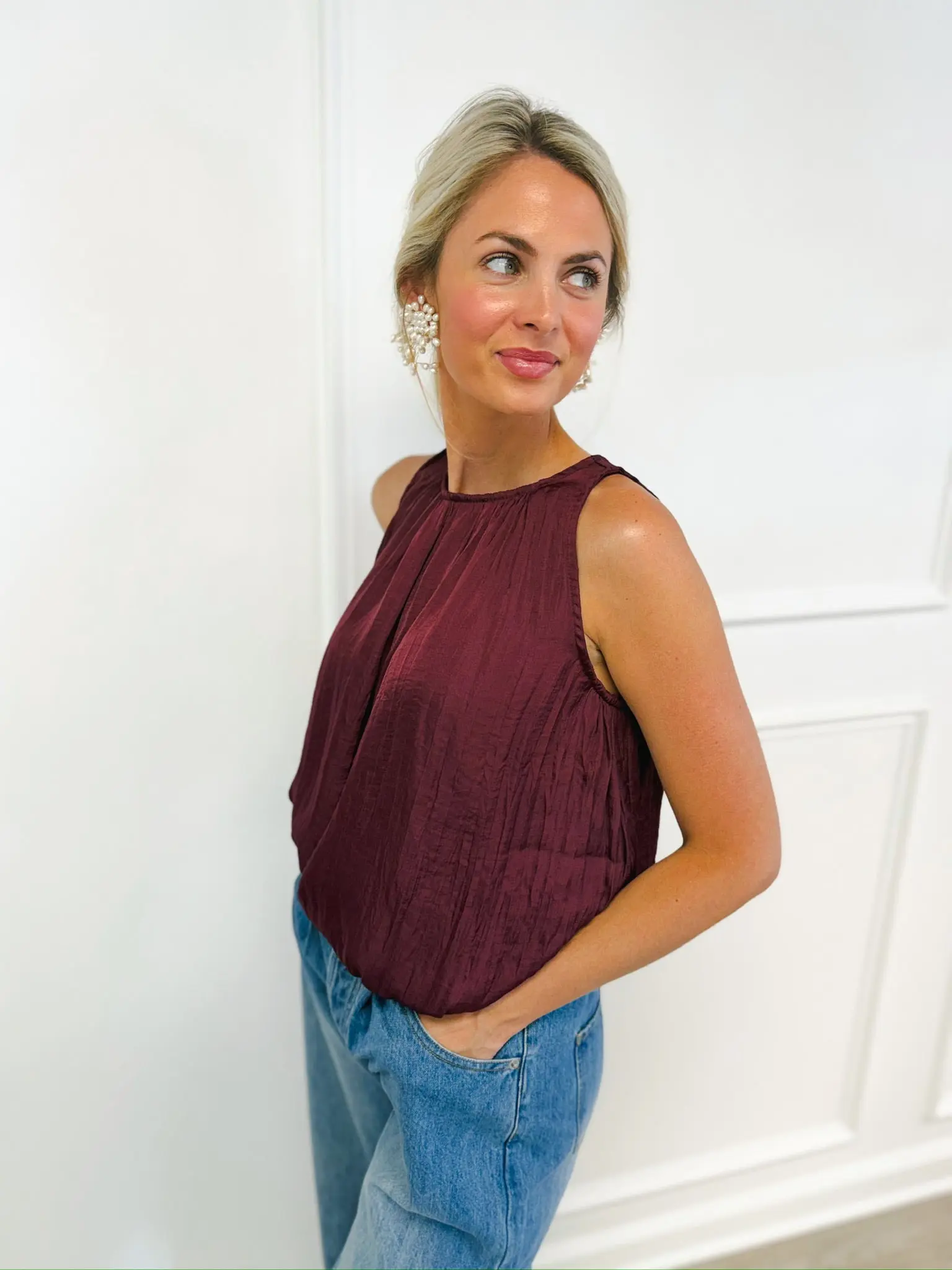 Satin High-Neck Halter Blouse Tank in Plum