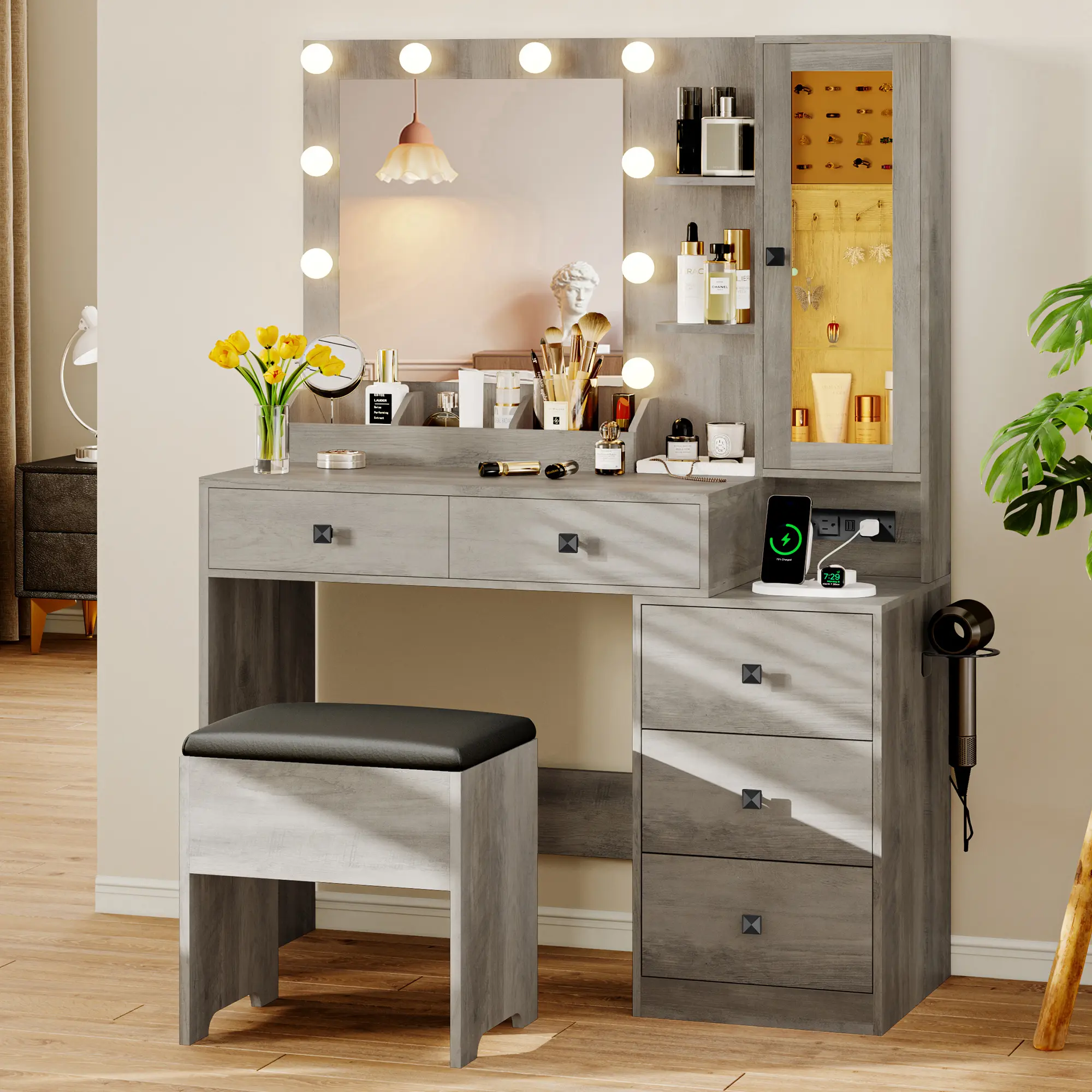 White Dressing Table with Lights and Mirror, 5 Drawers Storage Vanity Set, Adjustable LED Brightness, Power Outlet Included with Comfort Chair for Home Bedroom fathers day gift ideas