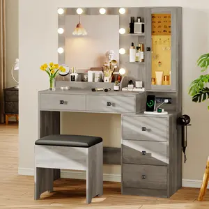 White Dressing Table with Lights and Mirror, 5 Drawers Storage Vanity Set, Adjustable LED Brightness, Power Outlet Included with Comfort Chair for Home Bedroom
