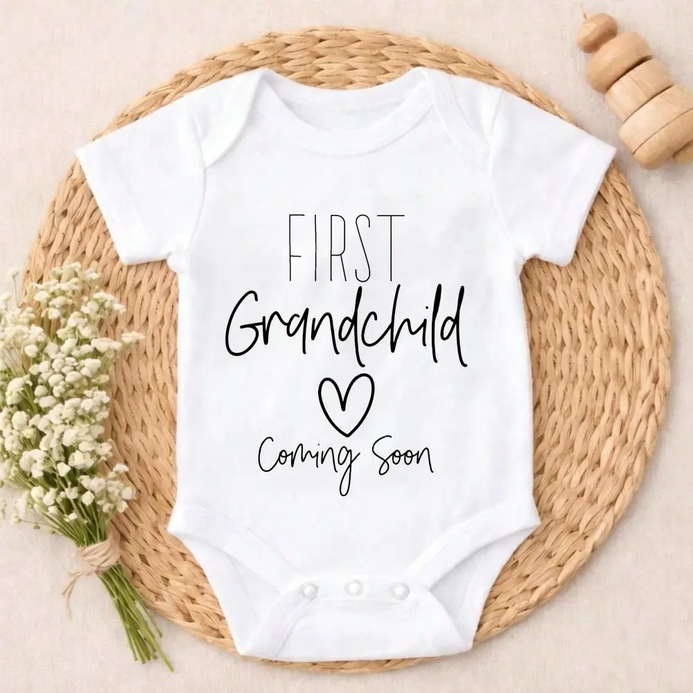 Newborn Infant Bodysuit - Ultra-Soft Cotton Short Sleeve Short Romper with "First Grandchild" Print, Unisex Baby Clothing Newborn Outfits, Coming Home & Gender Reveal Gift