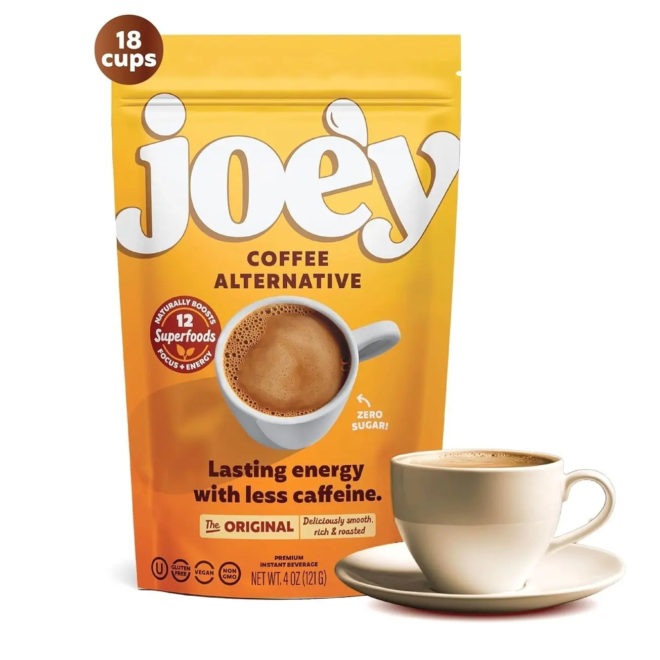 Joey Mushroom Coffee Alternative with Cacao Dandelion Root, and Chicory, Instant Mushroom Coffee Substitute with Superfoods, Vegan Gluten-Free Energy Drink for Focus and Calm, 18 Servings