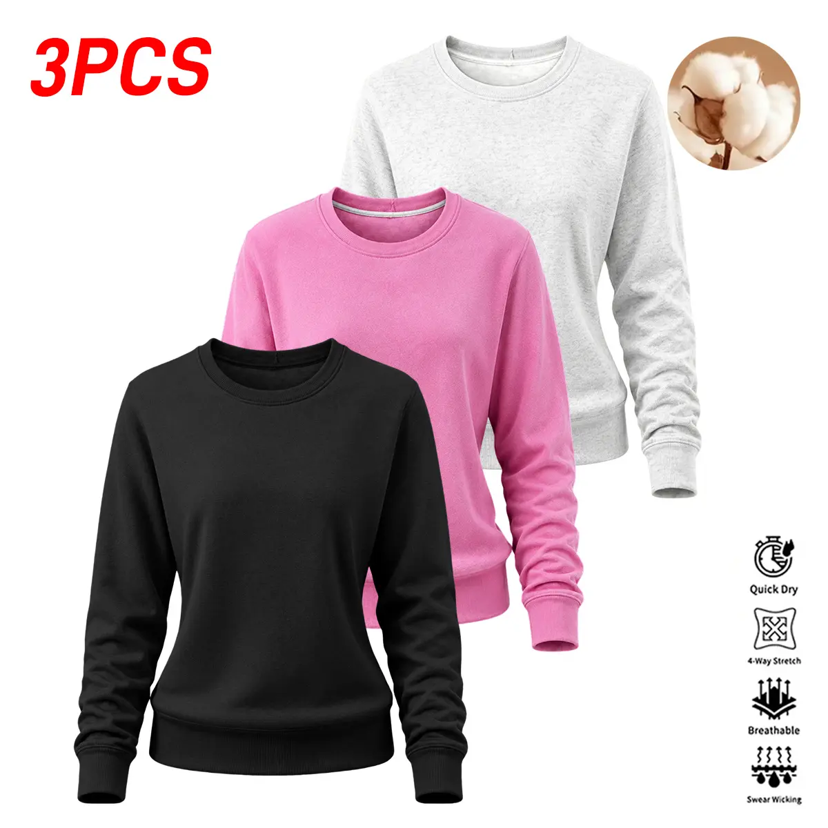 3-pack women’s clothing sets, all-day comfort, soft crewneck pullover tops, machine-washable casual workwear, regular-fit sleeves, comfortable and stylish for all seasons.