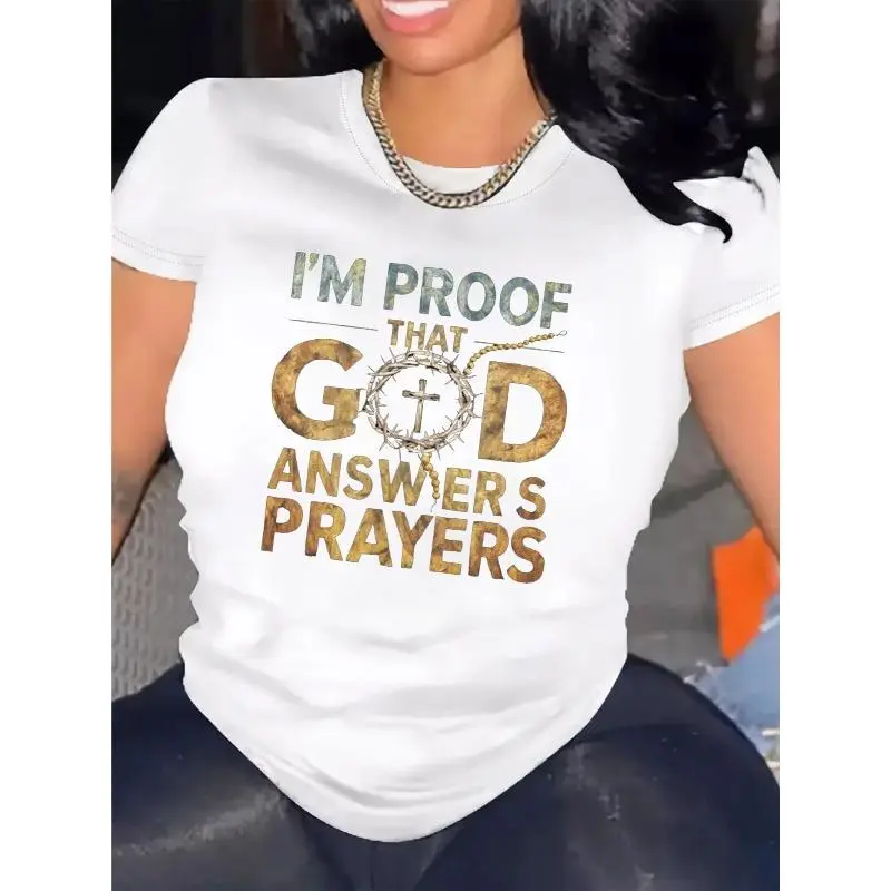 Women's 100% Heavy Cotton Round Neck Shortsleeve T-Shirt - "I Am Proof That God Answers Prayers" Print, Cute Fit, Comfortable Casual Top, Lightweight, Machine Washable, No Dry Cleaning (1 Piece), Fabric