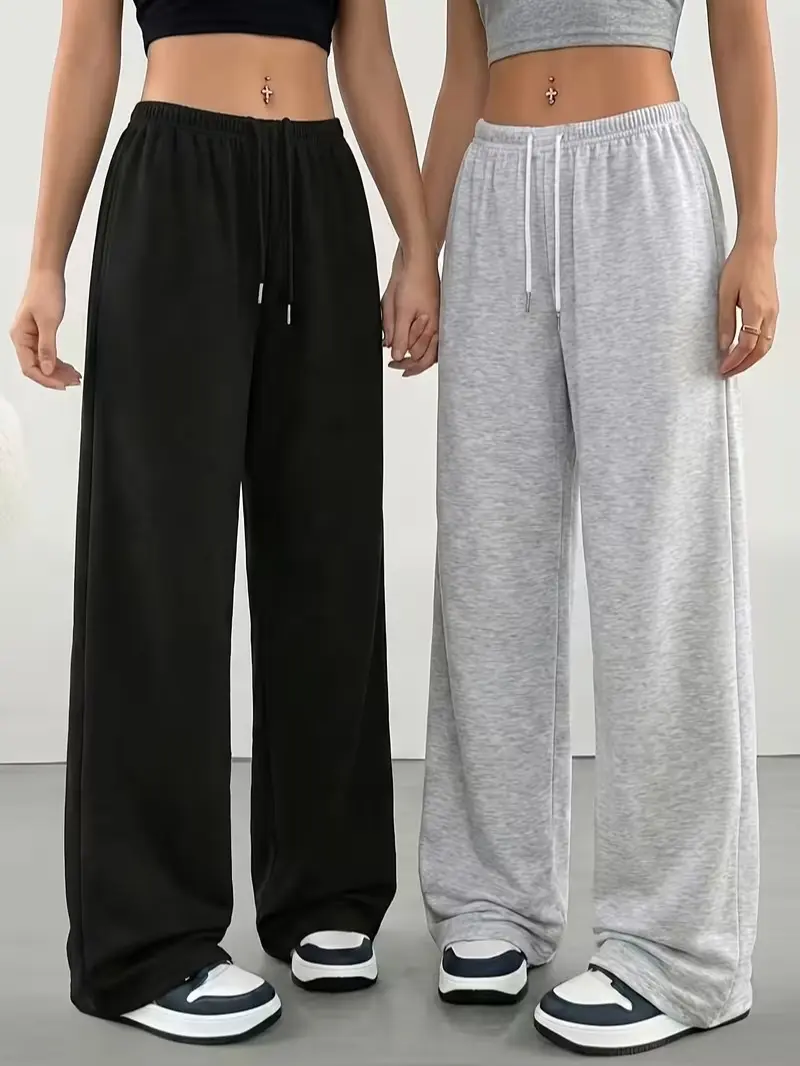 Women's 2-Pack Casual Wide-Leg Joggers, Elastic Waistband, Knitting Medium-Stretch Fabric, Comfortable Everyday Wear, Machine Washable, Suitable for Spring-Summer-Autumn