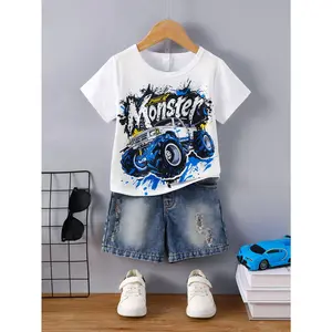 Boys Clothes Cool Car Print Graffiti Letter Casual Tee Ripped Jeans Demin Shorts 2Pcs Summer Outfits From 3-8Y White 42404060