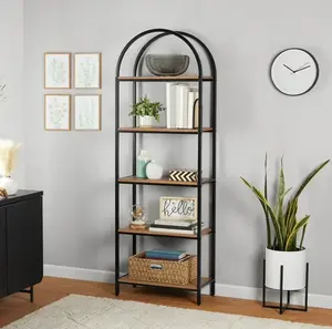5-Shelf Metal and Wood Arch Open Bookcase