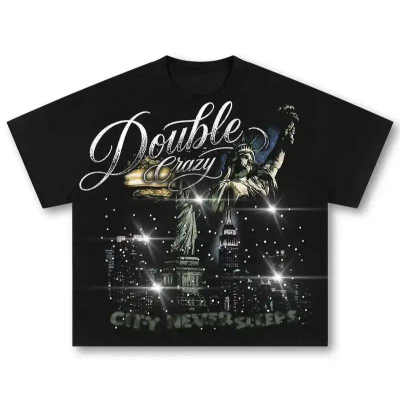 [no rhinestones] Vintage Y2K Graphic Tee Double Crazy Statue of Liberty Unisex Oversized Black T-Shirt Premium Heavyweight 100% Cotton Perfect for Casual Streetwear & Retro Aesthetic Outfits
