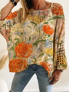 Spring Summer New Round Neck Hollow Out Batwing Shoulder Long Sleeve Floral Print Knit Top, Casual Loose Fit Beach Vacation Hoodie, Casual Loose Jumper