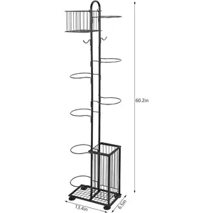 7 Tier Ball Storage, Garage Sports Equipment Organizer with Basket&Hooks, Ball Holder Ball Rack for Basketballs Footballs Volleyball , Indoor/Outdoor Ball Storage Rack, Easy to Assemble, Black, Steel