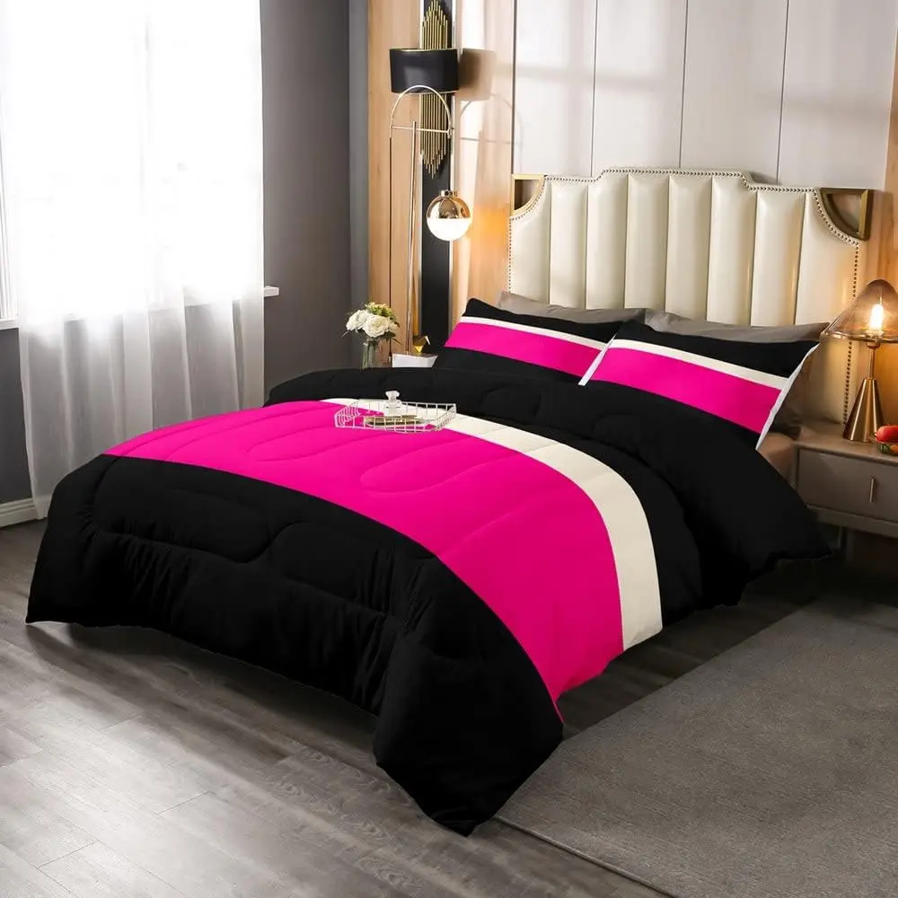 Feelyou Patchwork Striped Bed Comforter Set - Hot Pink Black Stripes, Aesthetic Geometric Ombre Down Alternative, Rustic Hotel Style, Bedroom Bedding, Decorative Bedding, Patchwork Quilt, All-Season Use, Bedroom Bedding Set