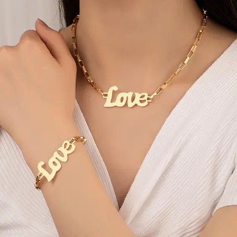 Hollow out Love Letter Charm Fashion Jewelry Set, 2pcs/set Personalized Creative Alloy Pendant Necklace & Bracelet Kit, New Trendy Accessories for Women and Men, Minimalist Outfit Accessories, Fashionable Jewelry Set