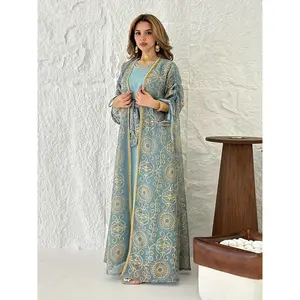 Jalabiya Muslim Dress Middle East Cross-border Women's Robe Two-piece Set Saudi Dubai J Golden Embroidery Blue Pink Eid Party Robe