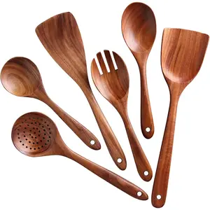 Wooden Utensil Set 6Pcs Wooden Spoons for Cooking, Natural Teak Wood, Non-Stick, Smooth Finish, Easy to Clean, Comfort Grip, Kitchen Wooden Cooking Utensils Set