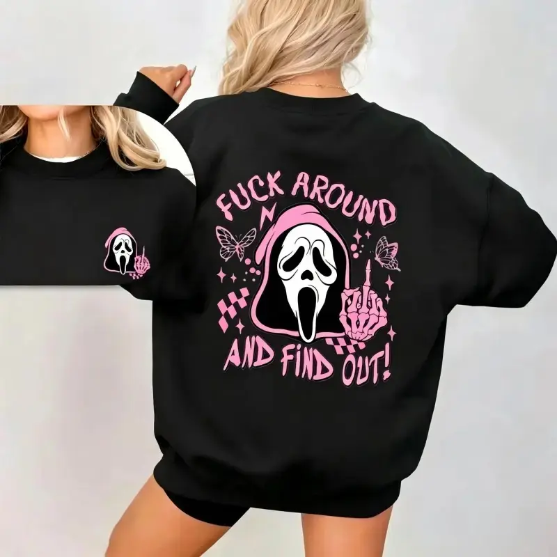 Women's Scream Skeleton Graphic Hoodie - 2-Side Spooky Ghost Face Pullover, Fall Women's Tops, Fck Around And Find Out Clothing, Halloween Gift For Girlfriend
