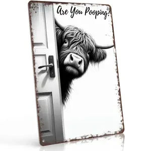 Are You Pooping? Highland Cow Bathroom 12x8 Inch Aluminum Metal Sign - Hilarious Farmhouse Bathroom Wall Decor for Home, Guest Restroom, Farmhouse, Cabin - Retro Tin Sign Gift for Highland Cow Lovers, Bathroom Humor Fans and Country Homeowners